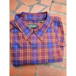 Orvis Mens Classic Fit Plaid Shirt 2XL Pol Wool Blend Rust blue classic business